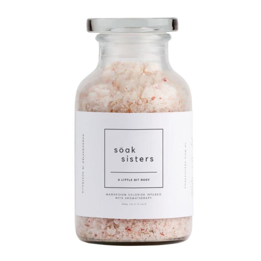 Large jar of A Little Bit Rosy bath salts with white background