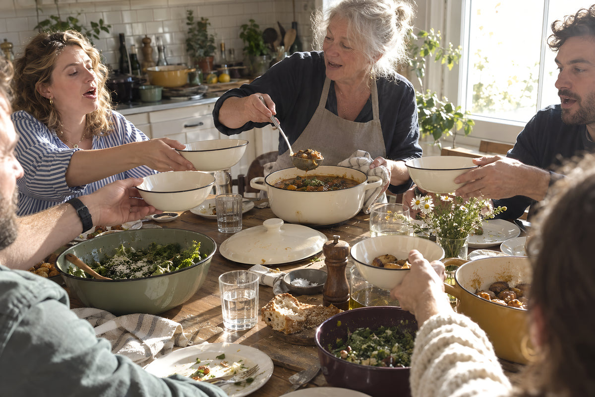 An older woman serving out of the cream KILN Casserole into cream KILN bowls being held up to her across a crowded table of six, everyone mid-reach and talking over each other. Daytime, hard sun through the window, no candles lit.