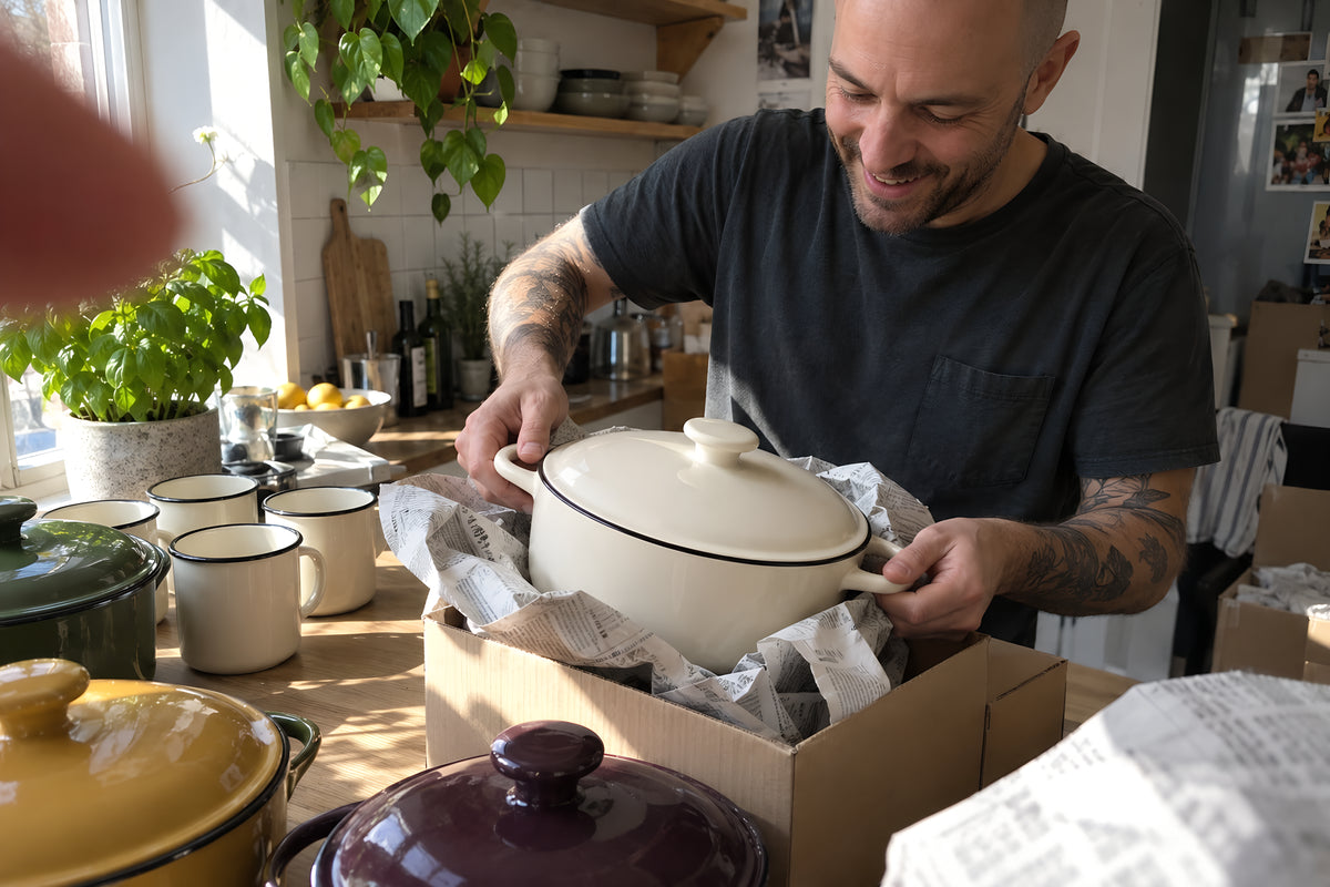 Unpacking kitchen boxes in a new house, the cream KILN Casserole lifted out of newspaper, mugs already lined up on an empty worktop. Daytime, hard sun, no candles lit.
