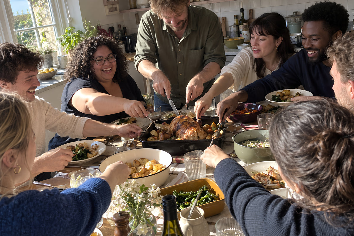 A Sunday table of nine with the black KILN Roasting Pan in the middle, everyone reaching at once, arms crossing over each other, someone standing to carve. Daytime, hard sun through the window, no candles lit.