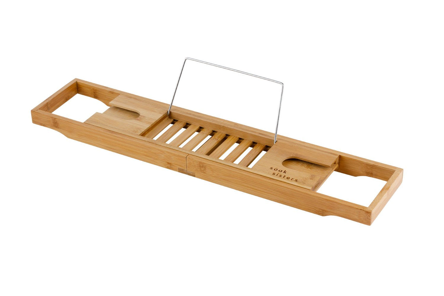 Diagonal view of bamboo bath caddy with metal stand opened out