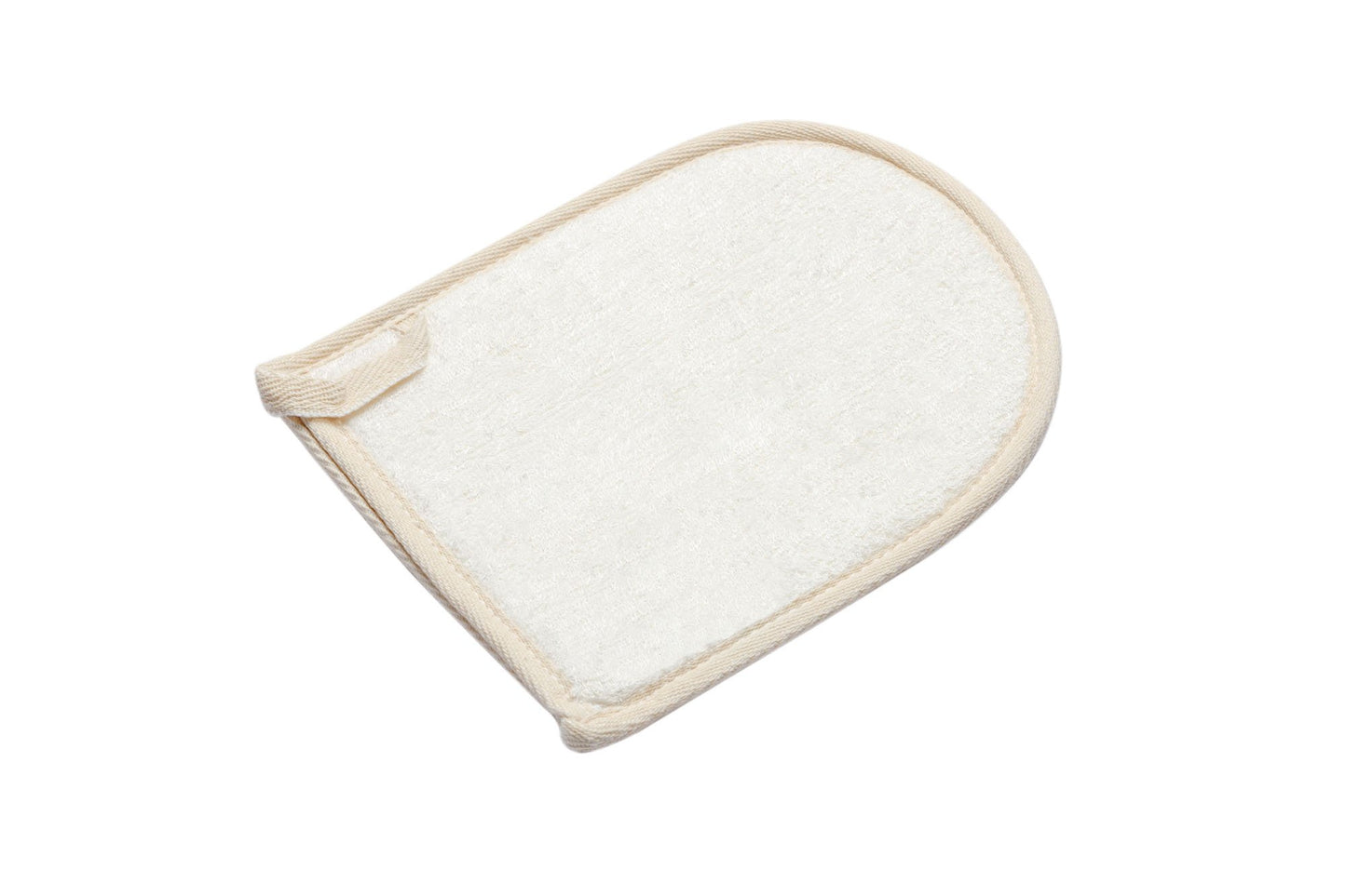 Diagonal view of bathing mitt on white background