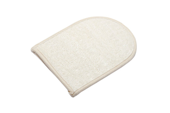 Diagonal view of front of bathing mitt with white background
